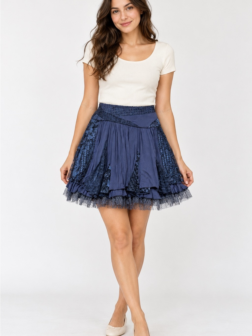 Navy Blue Tiered Lace & Tulle Skater Skirt